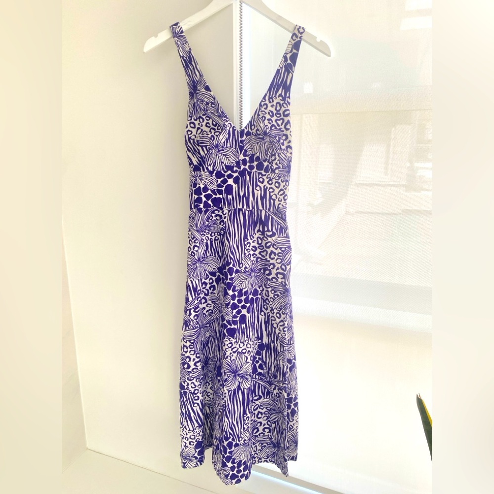 Tori Richards Tropical Indigo Blue and White Cross Back or Halter Dress Size 4